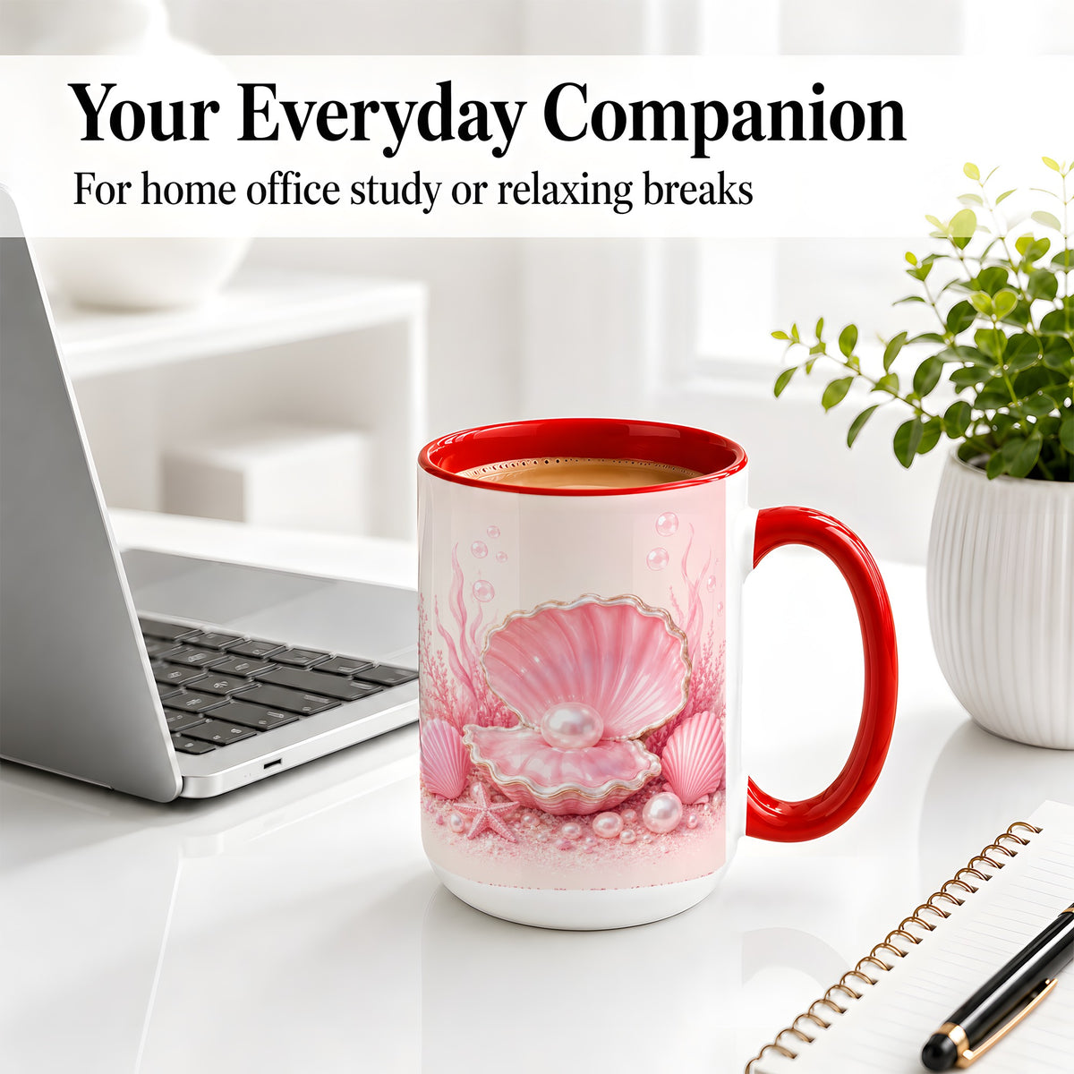 #pl[15oz|Red] Pink Pearl Seashell Ceramic Mug, Ocean Shell Underwater Artwork
