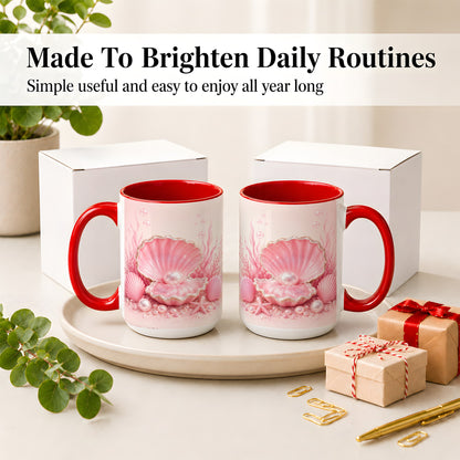 #pl[15oz|Red] Pink Pearl Seashell Ceramic Mug, Ocean Shell Underwater Artwork