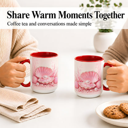 #pl[15oz|Red] Pink Pearl Seashell Ceramic Mug, Ocean Shell Underwater Artwork