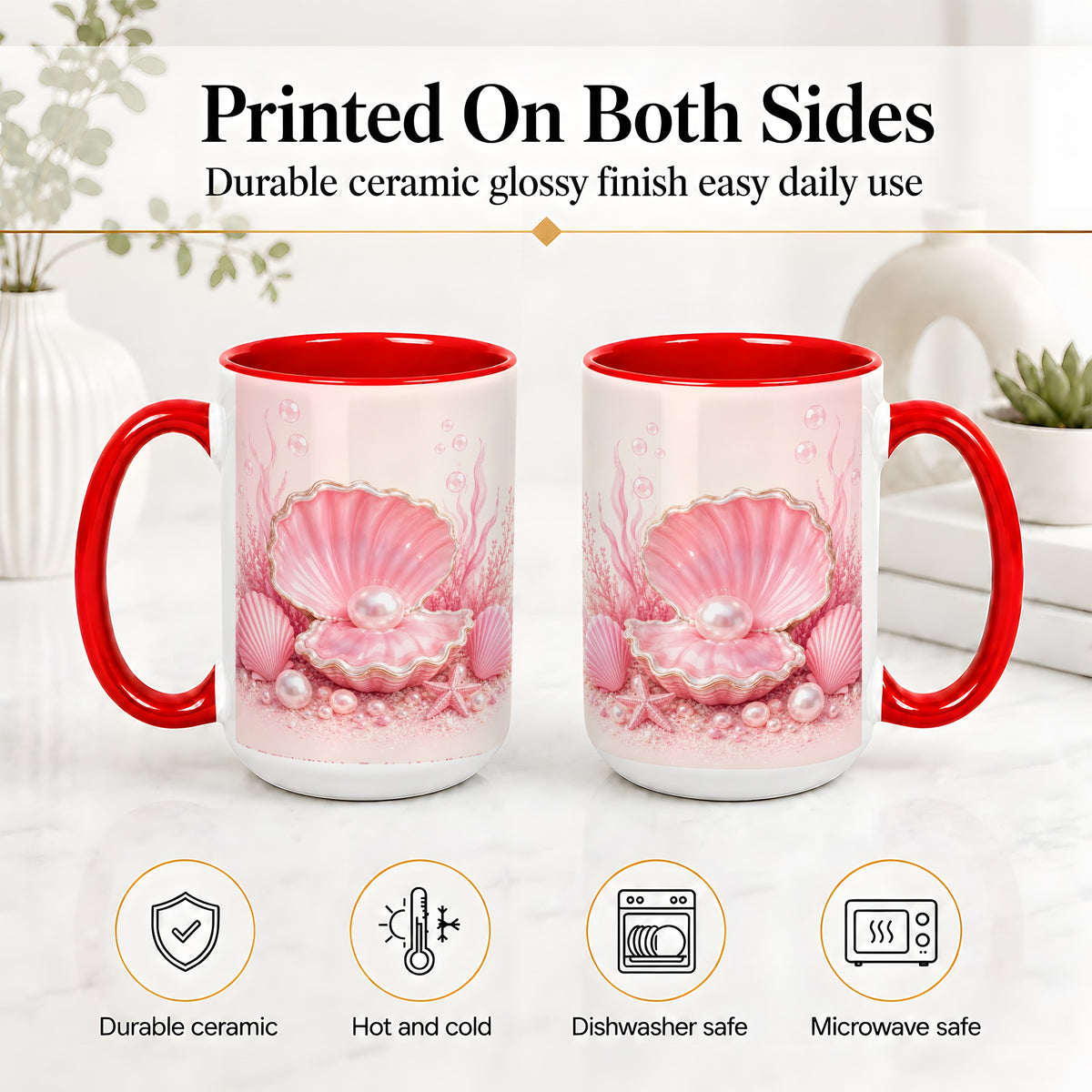 #pl[15oz|Red] Pink Pearl Seashell Ceramic Mug, Ocean Shell Underwater Artwork