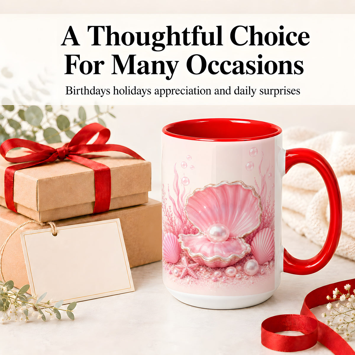 #pl[15oz|Red] Pink Pearl Seashell Ceramic Mug, Ocean Shell Underwater Artwork