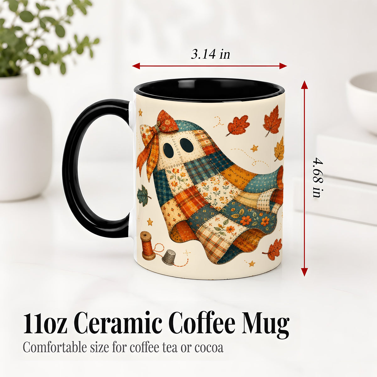 #pl[11oz|Black] Patchwork Ghost Ceramic Mug, Autumn Quilt Sewing Artwork