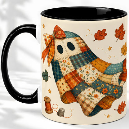 #pl[11oz|Black] Patchwork Ghost Ceramic Mug, Autumn Quilt Sewing Artwork