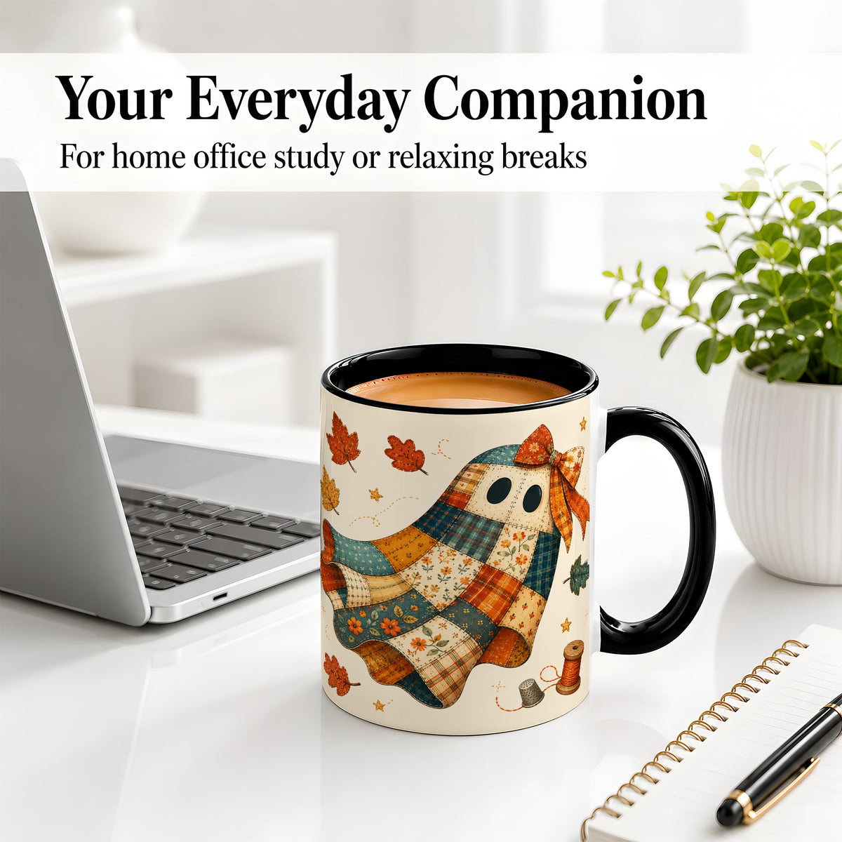 #pl[11oz|Black] Patchwork Ghost Ceramic Mug, Autumn Quilt Sewing Artwork