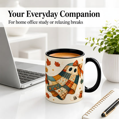 #pl[11oz|Black] Patchwork Ghost Ceramic Mug, Autumn Quilt Sewing Artwork
