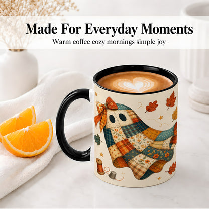 #pl[11oz|Black] Patchwork Ghost Ceramic Mug, Autumn Quilt Sewing Artwork