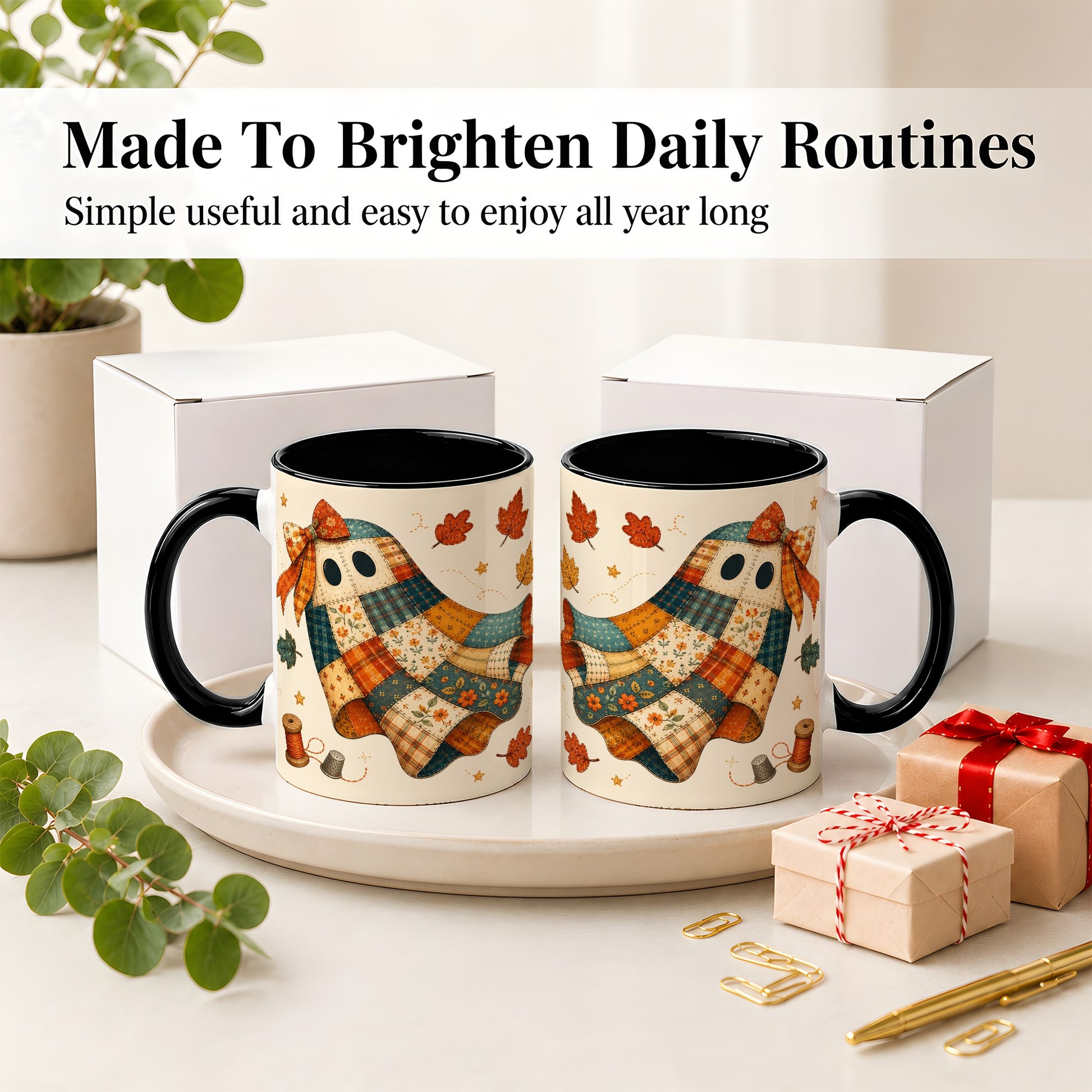 #pl[11oz|Black] Patchwork Ghost Ceramic Mug, Autumn Quilt Sewing Artwork