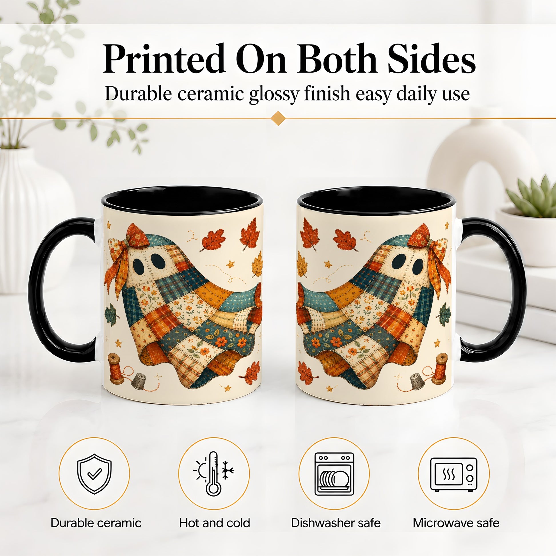 #pl[11oz|Black] Patchwork Ghost Ceramic Mug, Autumn Quilt Sewing Artwork