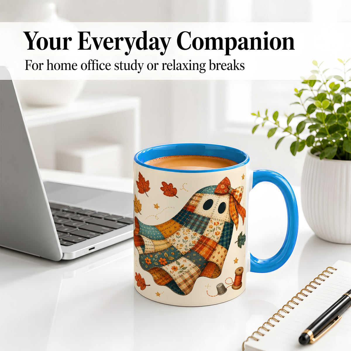 #pl[11oz|Blue] Patchwork Ghost Ceramic Mug, Autumn Quilt Sewing Artwork