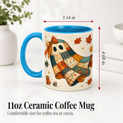 #pl[11oz|Blue] Patchwork Ghost Ceramic Mug, Autumn Quilt Sewing Artwork