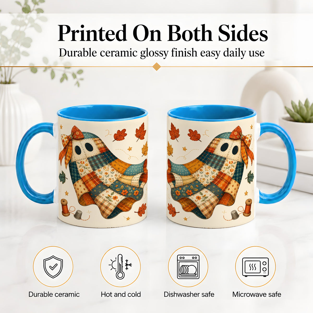 #pl[11oz|Blue] Patchwork Ghost Ceramic Mug, Autumn Quilt Sewing Artwork