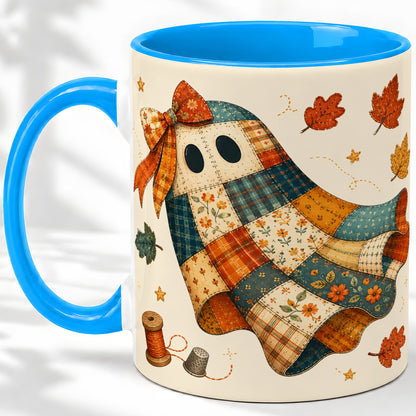 #pl[11oz|Blue] Patchwork Ghost Ceramic Mug, Autumn Quilt Sewing Artwork