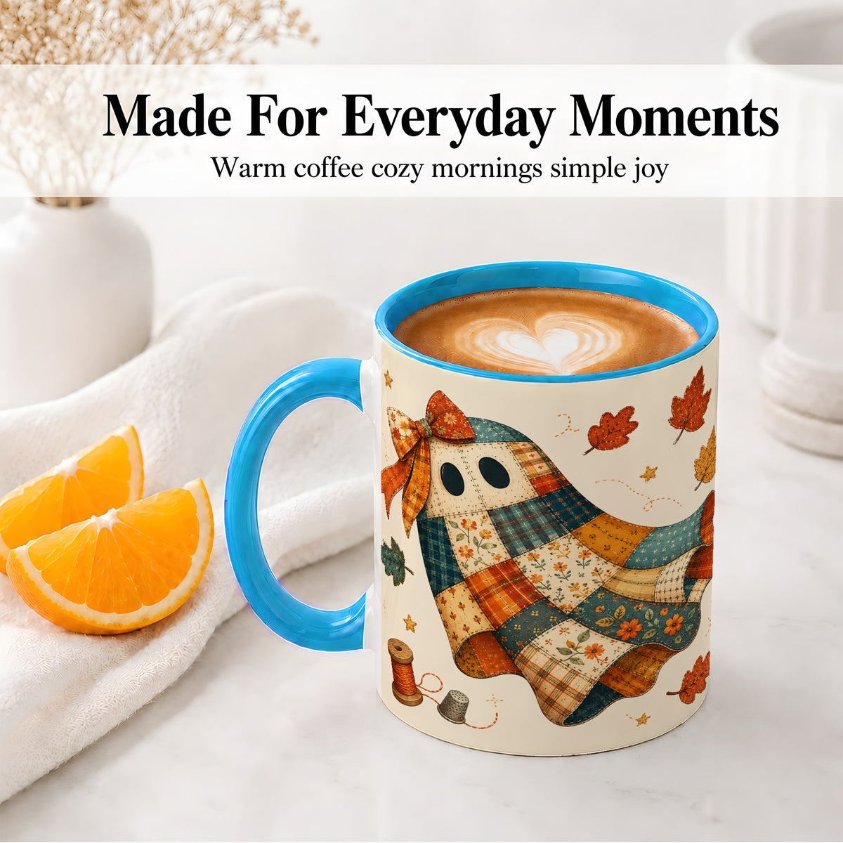 #pl[11oz|Blue] Patchwork Ghost Ceramic Mug, Autumn Quilt Sewing Artwork