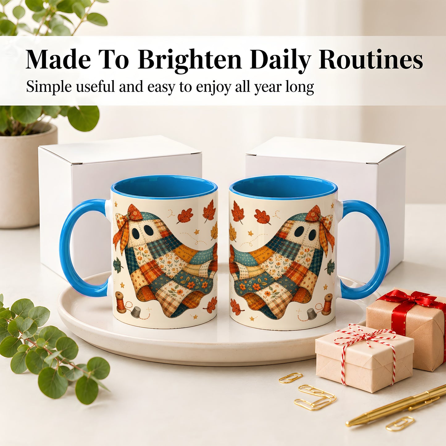 #pl[11oz|Blue] Patchwork Ghost Ceramic Mug, Autumn Quilt Sewing Artwork