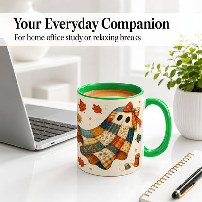 #pl[11oz|Green] Patchwork Ghost Ceramic Mug, Autumn Quilt Sewing Artwork