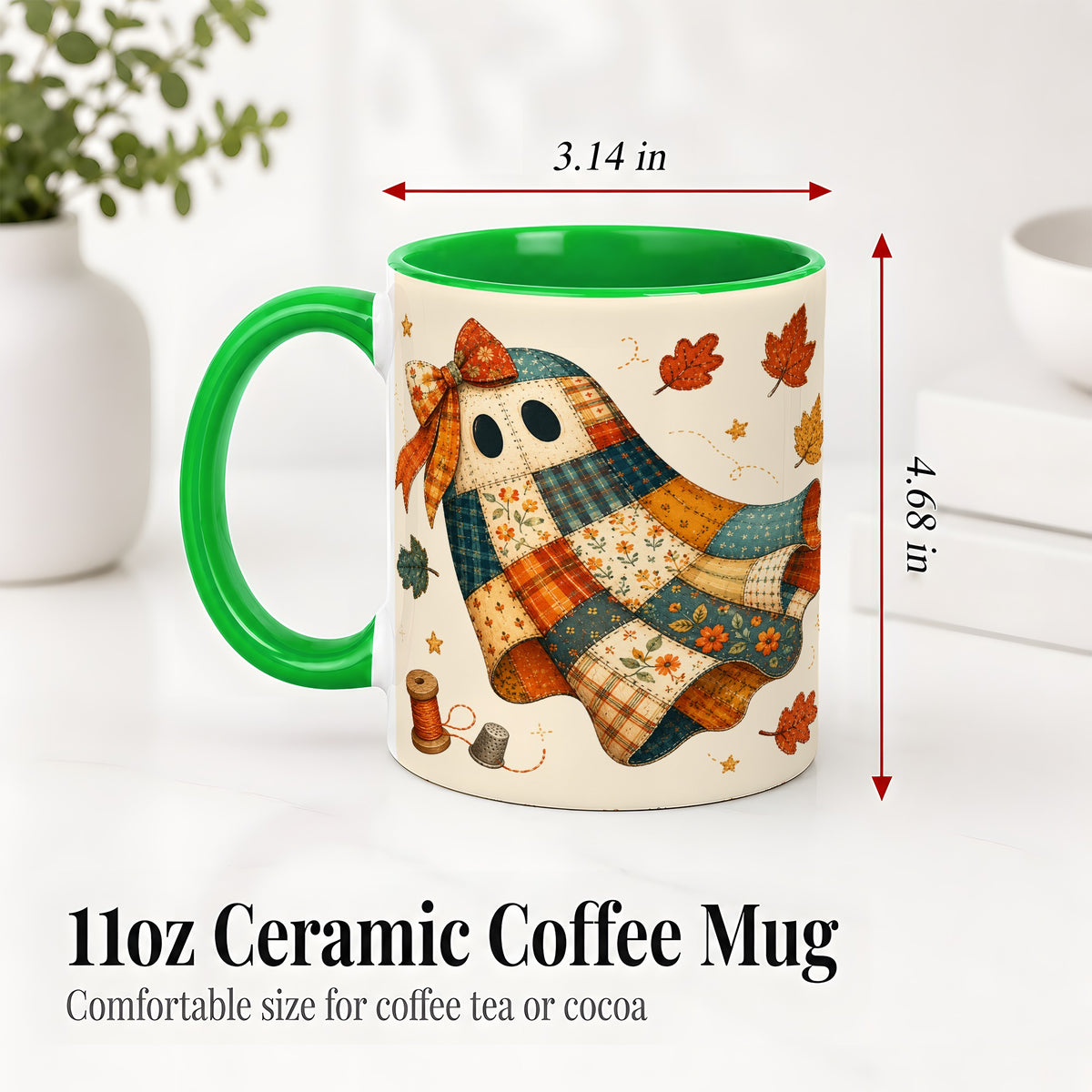 #pl[11oz|Green] Patchwork Ghost Ceramic Mug, Autumn Quilt Sewing Artwork