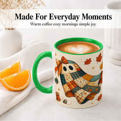 #pl[11oz|Green] Patchwork Ghost Ceramic Mug, Autumn Quilt Sewing Artwork