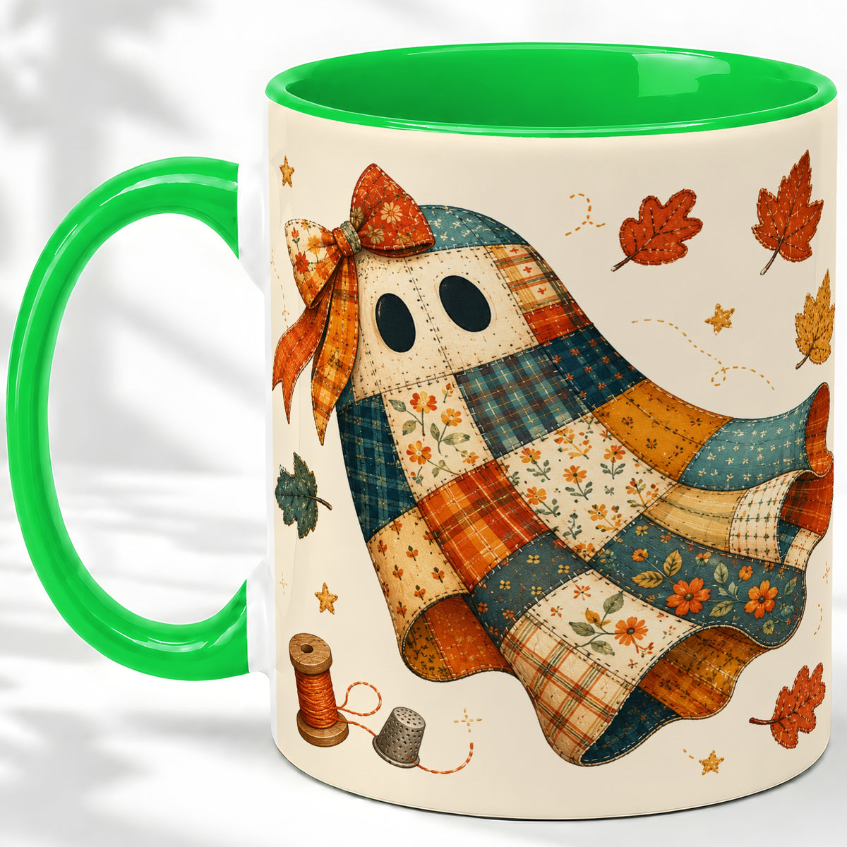 #pl[11oz|Green] Patchwork Ghost Ceramic Mug, Autumn Quilt Sewing Artwork