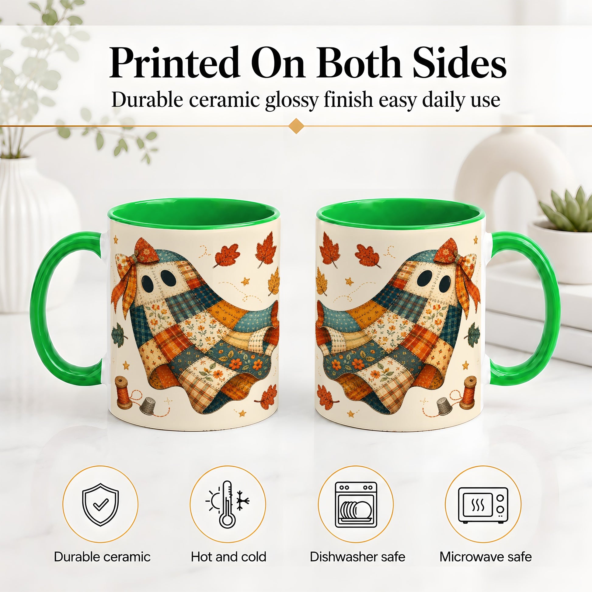 #pl[11oz|Green] Patchwork Ghost Ceramic Mug, Autumn Quilt Sewing Artwork