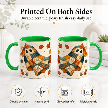 #pl[11oz|Green] Patchwork Ghost Ceramic Mug, Autumn Quilt Sewing Artwork