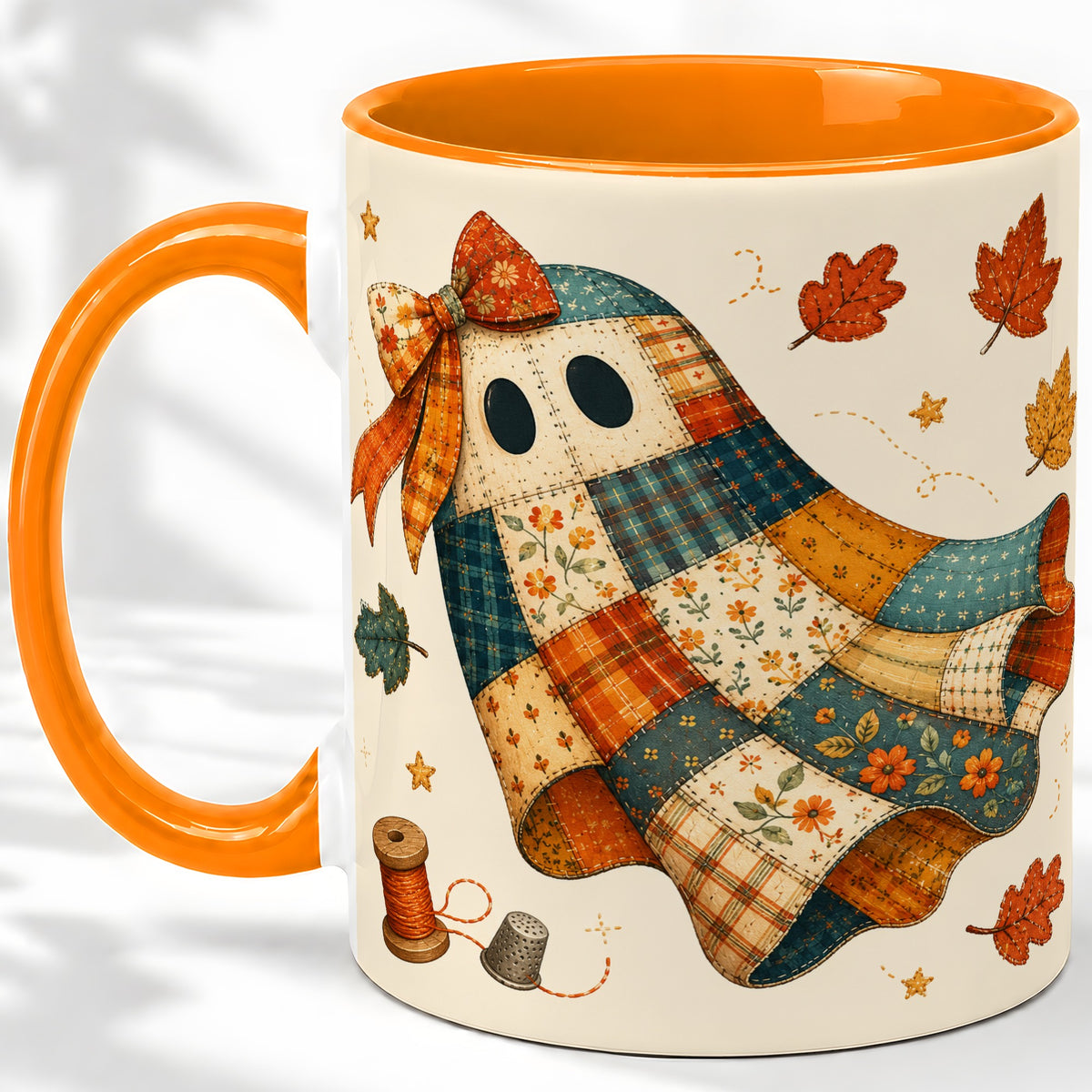 #pl[11oz|Orange] Patchwork Ghost Ceramic Mug, Autumn Quilt Sewing Artwork