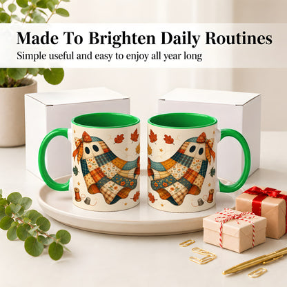 #pl[11oz|Green] Patchwork Ghost Ceramic Mug, Autumn Quilt Sewing Artwork