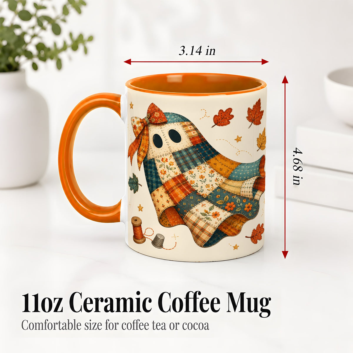 #pl[11oz|Orange] Patchwork Ghost Ceramic Mug, Autumn Quilt Sewing Artwork