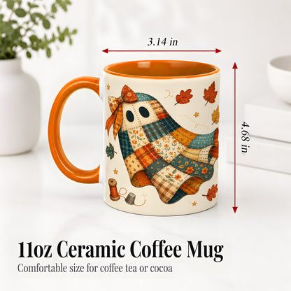 #pl[11oz|Orange] Patchwork Ghost Ceramic Mug, Autumn Quilt Sewing Artwork