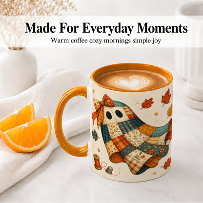 #pl[11oz|Orange] Patchwork Ghost Ceramic Mug, Autumn Quilt Sewing Artwork