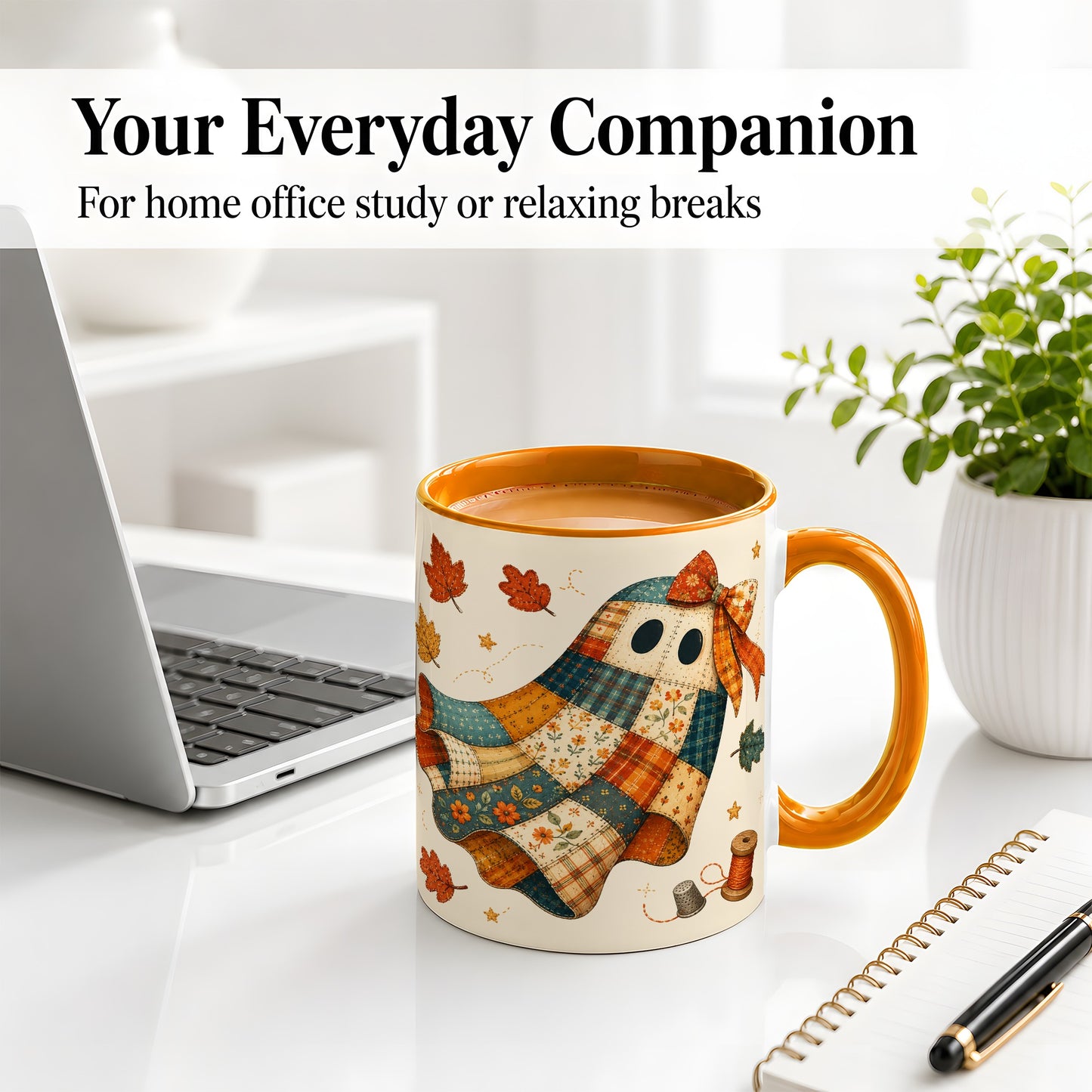 #pl[11oz|Orange] Patchwork Ghost Ceramic Mug, Autumn Quilt Sewing Artwork