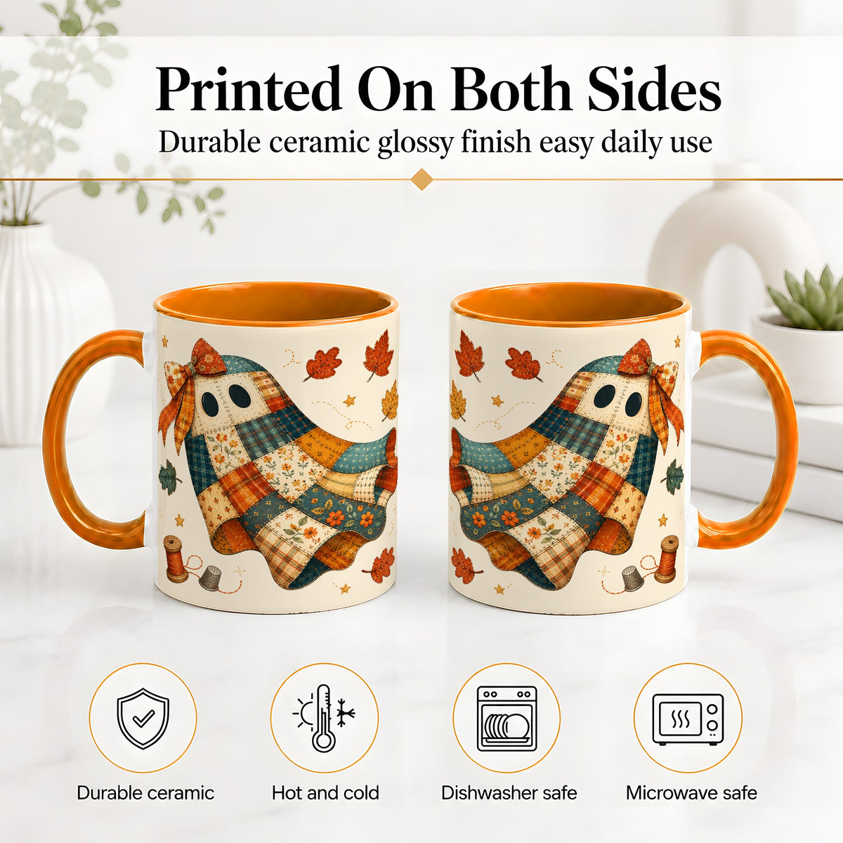 #pl[11oz|Orange] Patchwork Ghost Ceramic Mug, Autumn Quilt Sewing Artwork