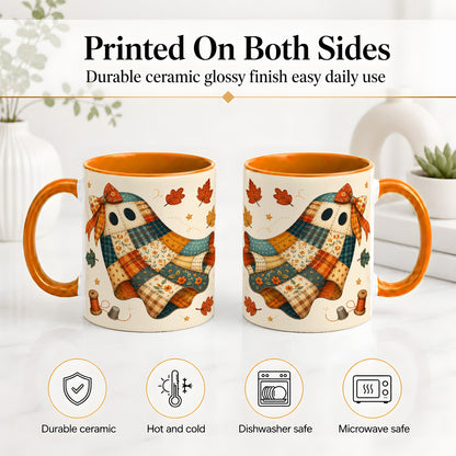 #pl[11oz|Orange] Patchwork Ghost Ceramic Mug, Autumn Quilt Sewing Artwork