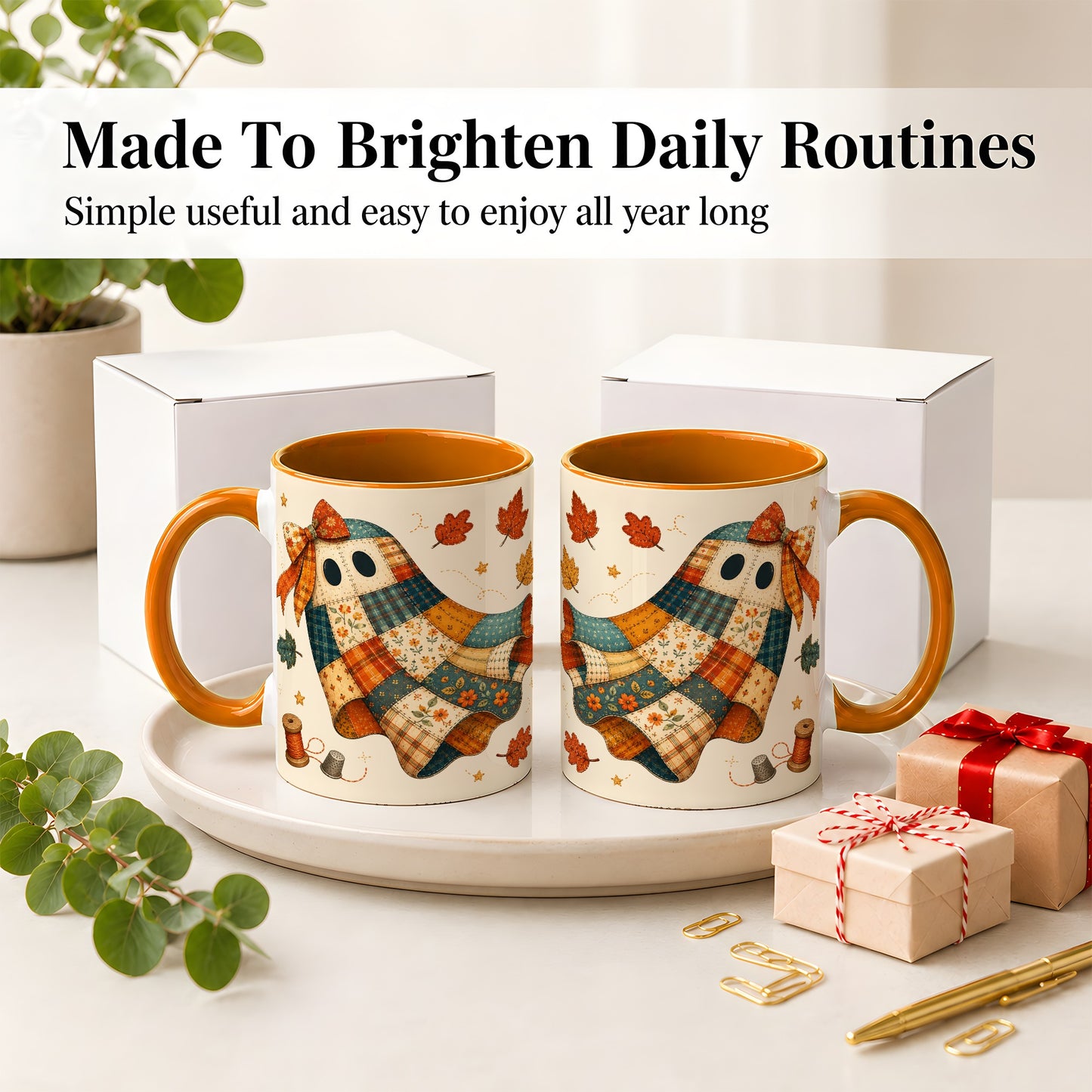 #pl[11oz|Orange] Patchwork Ghost Ceramic Mug, Autumn Quilt Sewing Artwork