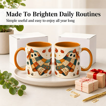 #pl[11oz|Orange] Patchwork Ghost Ceramic Mug, Autumn Quilt Sewing Artwork