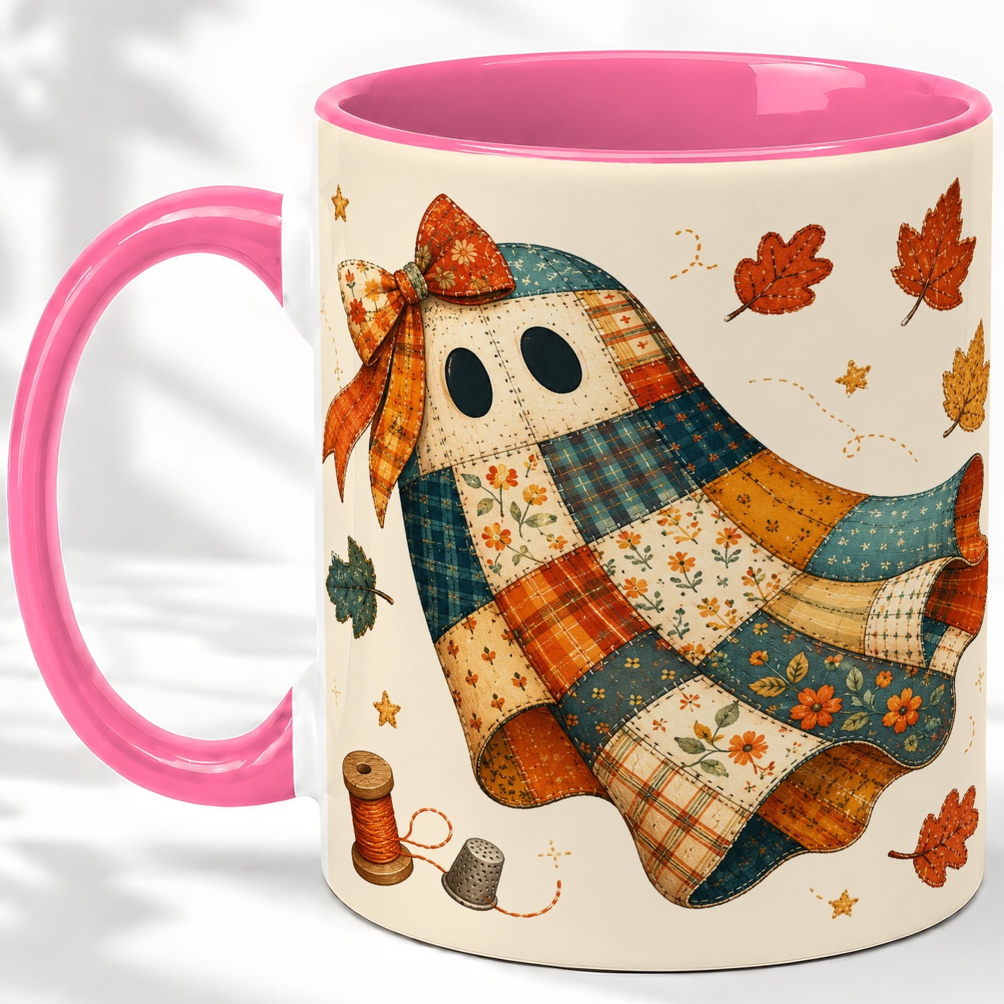#pl[11oz|Pink] Patchwork Ghost Ceramic Mug, Autumn Quilt Sewing Artwork