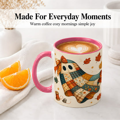 #pl[11oz|Pink] Patchwork Ghost Ceramic Mug, Autumn Quilt Sewing Artwork