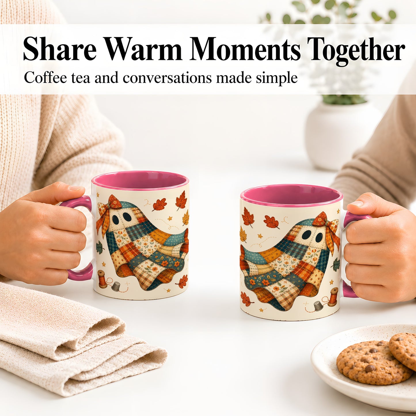 #pl[11oz|Pink] Patchwork Ghost Ceramic Mug, Autumn Quilt Sewing Artwork