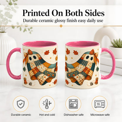#pl[11oz|Pink] Patchwork Ghost Ceramic Mug, Autumn Quilt Sewing Artwork