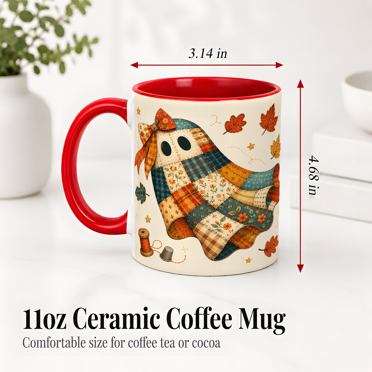 #pl[11oz|Red] Patchwork Ghost Ceramic Mug, Autumn Quilt Sewing Artwork