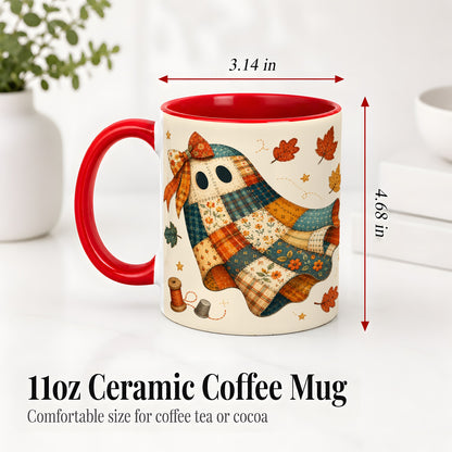 #pl[11oz|Red] Patchwork Ghost Ceramic Mug, Autumn Quilt Sewing Artwork