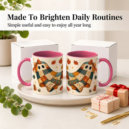 #pl[11oz|Pink] Patchwork Ghost Ceramic Mug, Autumn Quilt Sewing Artwork