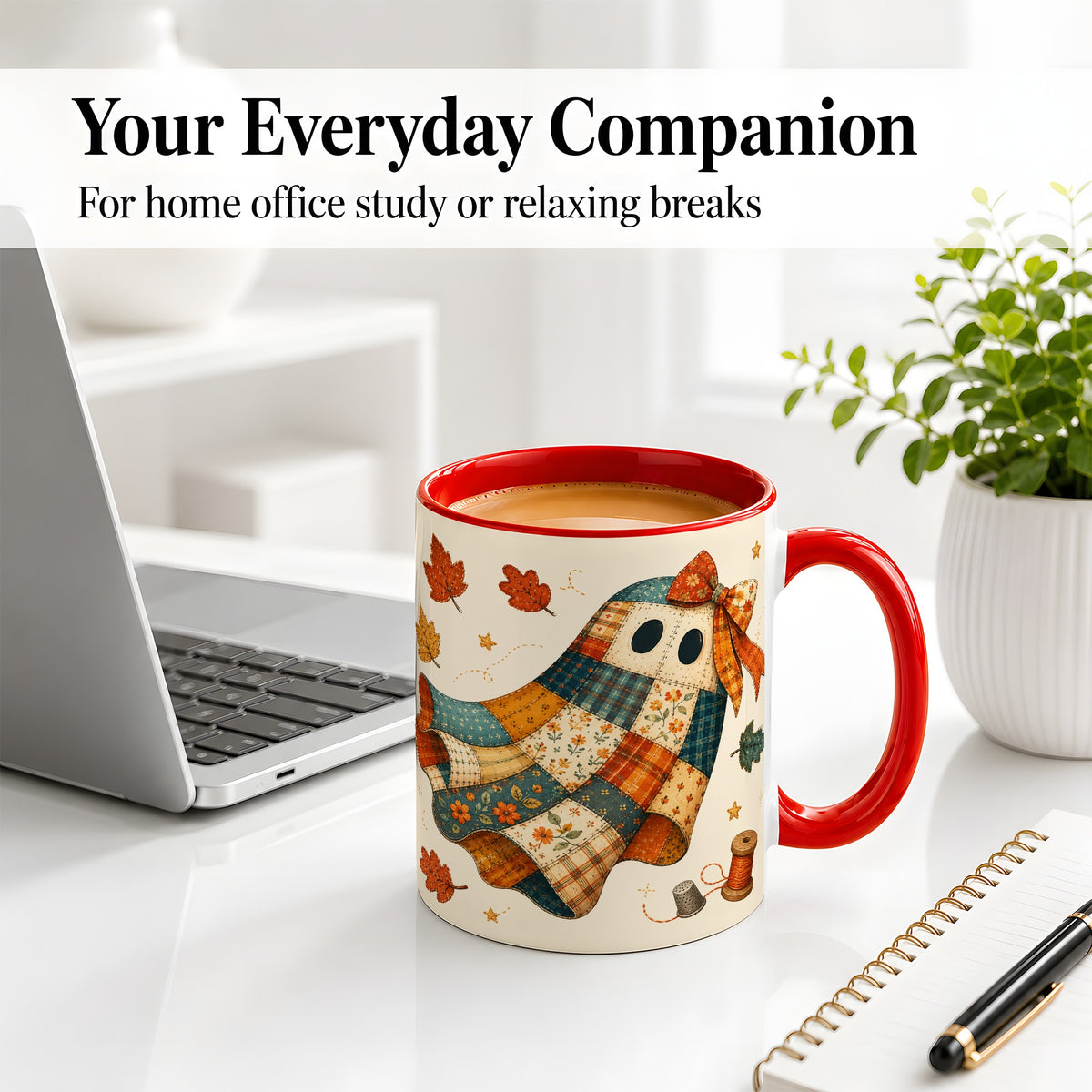 #pl[11oz|Red] Patchwork Ghost Ceramic Mug, Autumn Quilt Sewing Artwork