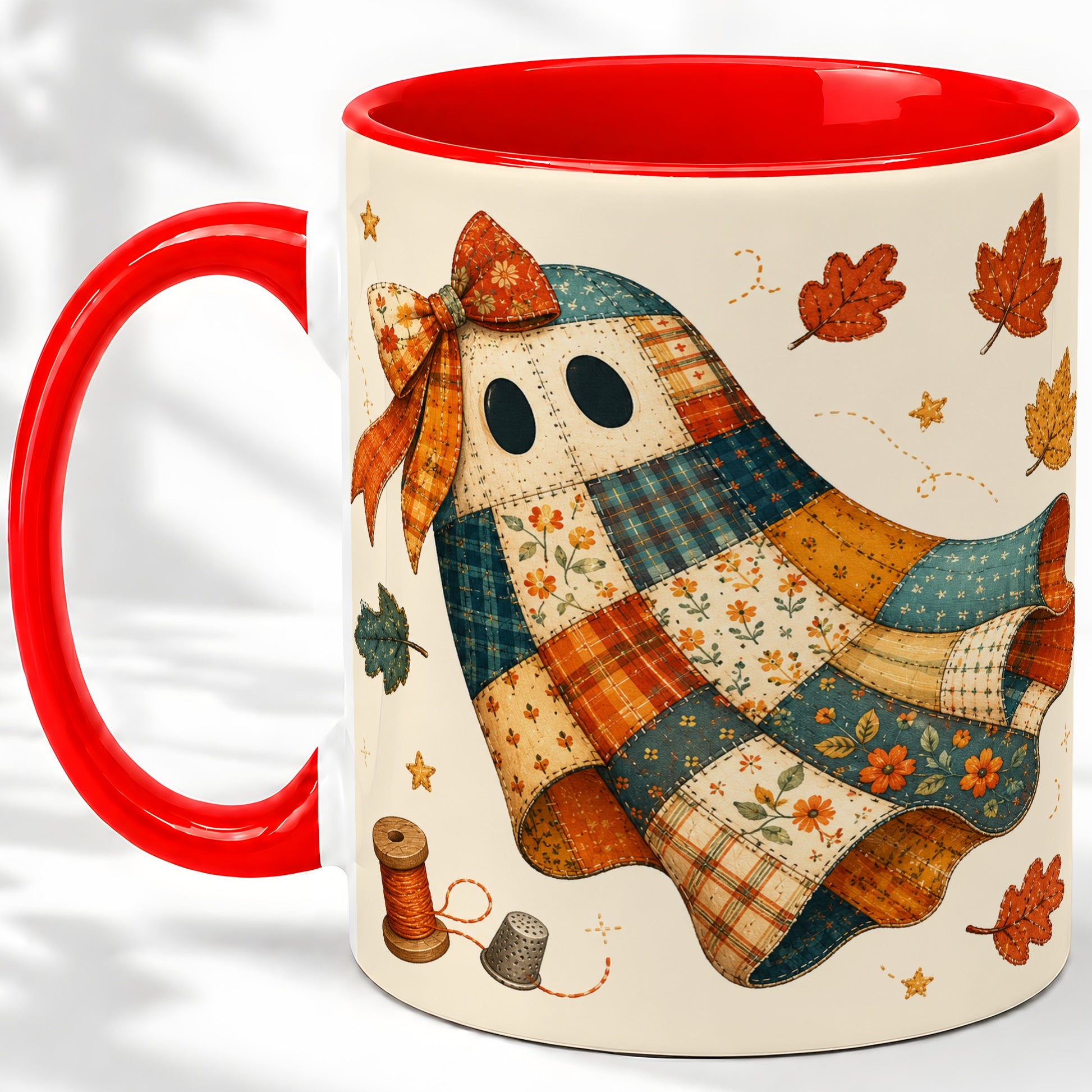 Patchwork Ghost Ceramic Mug, Autumn Quilt Sewing Artwork