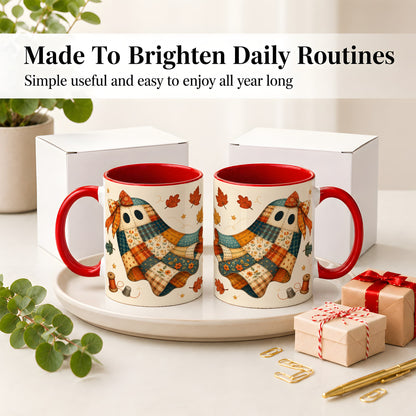 #pl[11oz|Red] Patchwork Ghost Ceramic Mug, Autumn Quilt Sewing Artwork
