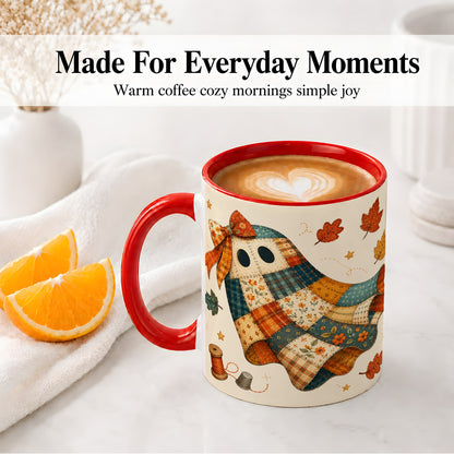 #pl[11oz|Red] Patchwork Ghost Ceramic Mug, Autumn Quilt Sewing Artwork