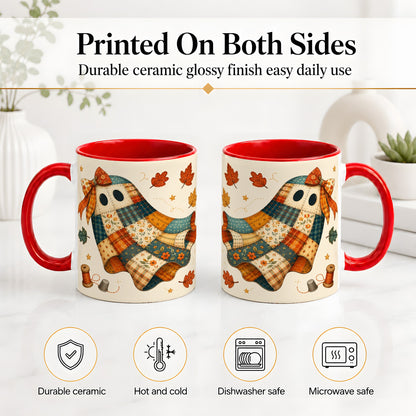 #pl[11oz|Red] Patchwork Ghost Ceramic Mug, Autumn Quilt Sewing Artwork