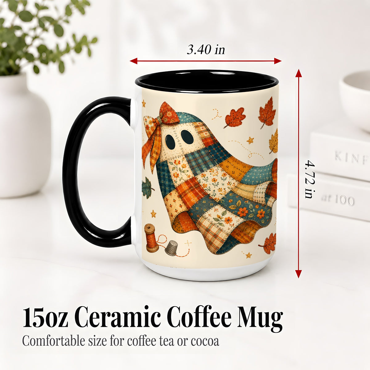 #pl[15oz|Black] Patchwork Ghost Ceramic Mug, Autumn Quilt Sewing Artwork