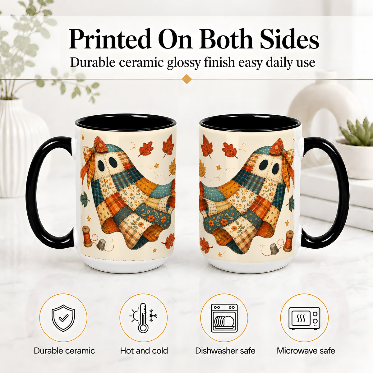 #pl[15oz|Black] Patchwork Ghost Ceramic Mug, Autumn Quilt Sewing Artwork