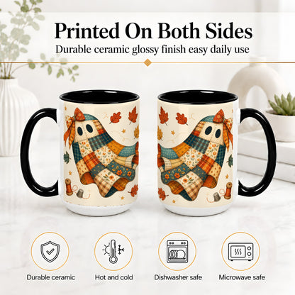 #pl[15oz|Black] Patchwork Ghost Ceramic Mug, Autumn Quilt Sewing Artwork