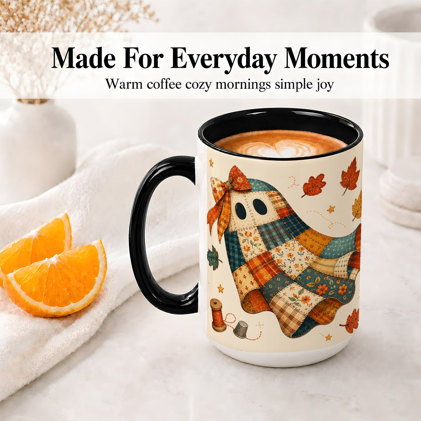 #pl[15oz|Black] Patchwork Ghost Ceramic Mug, Autumn Quilt Sewing Artwork